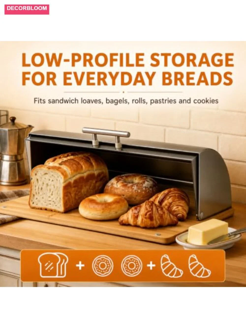 Modern Stainless Steel Roll-Top Bread Box with Bamboo Base, Acrylic Door